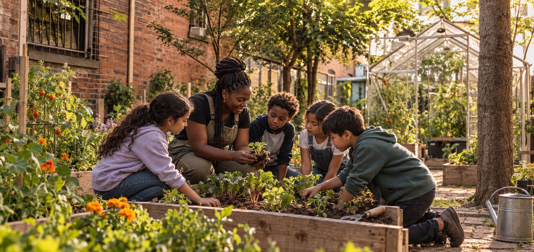 A teacher and four children planting vegetables in a thriving community garden